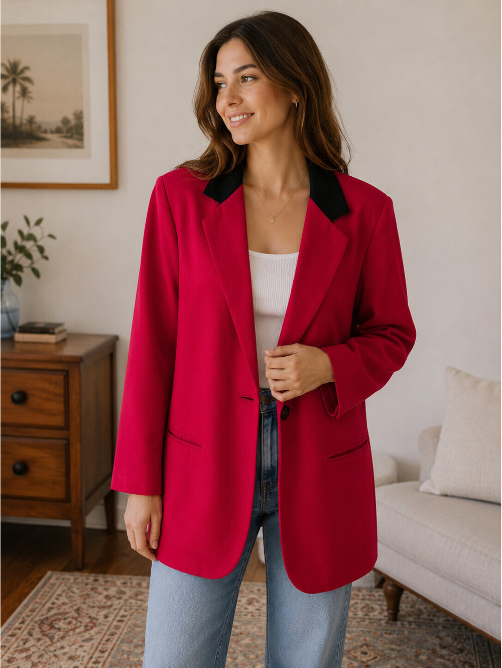 Vintage Sage Harbor Women's Blazer Size 12 Red Black Colorblock Jacket 90s